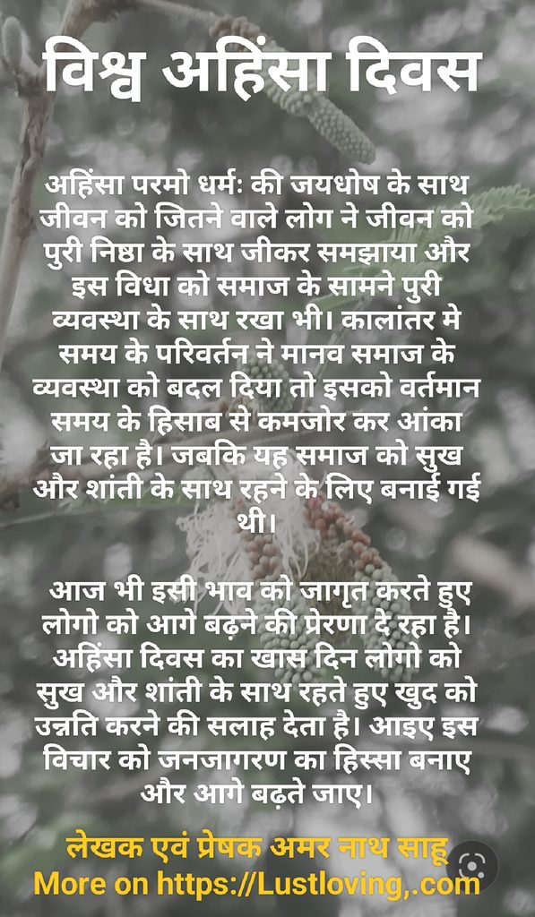 विश्व अहिंसा दिवस मानव समाज को उच्च कोटी की जीवन यापन करते हुए समस्त जीवात्मा को सुख और शांती का शंदेश देना है जिससे की मानव समाज का वास्तविक विस्तार हो सकेगा।